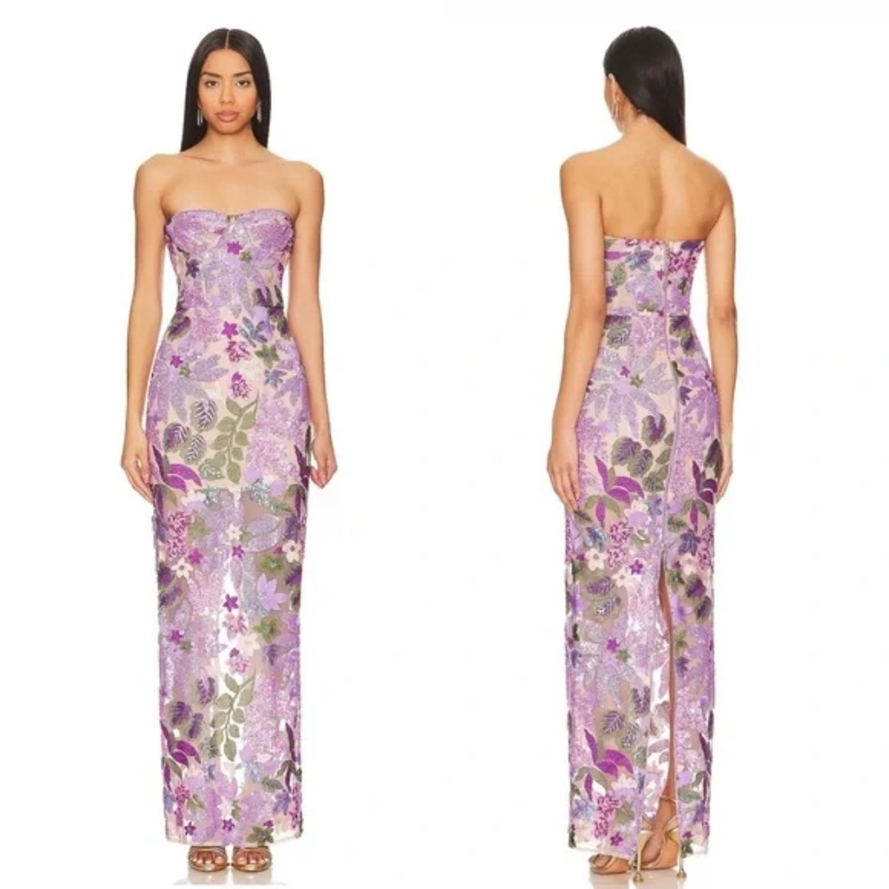 Bronx and Banco Dahlia Lilac Floral Strapless Sequin Embroidered Maxi Dress